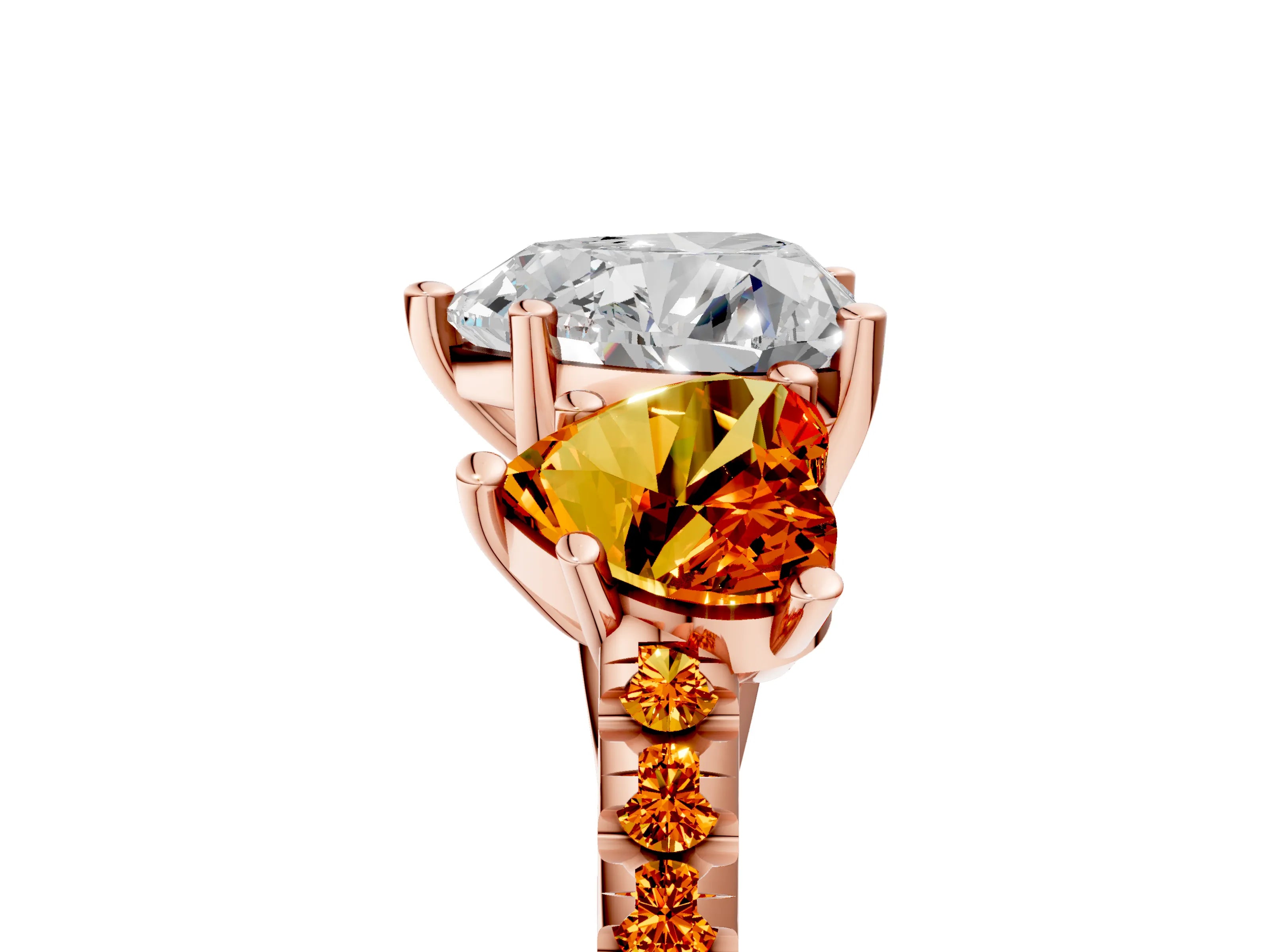 Rose gold Three-Stone Heart Cut Diamond Ring with Round with Citrine side stone Pavé Band and Prong Setting_5