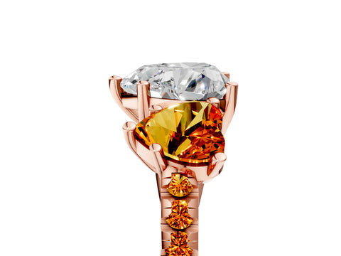 Rose gold Three-Stone Heart Cut Diamond Ring with Round with Citrine side stone Pavé Band and Prong Setting_5