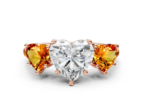 Rose gold Three-Stone Heart Cut Diamond Ring with Round with Citrine side stone Pavé Band and Prong Setting