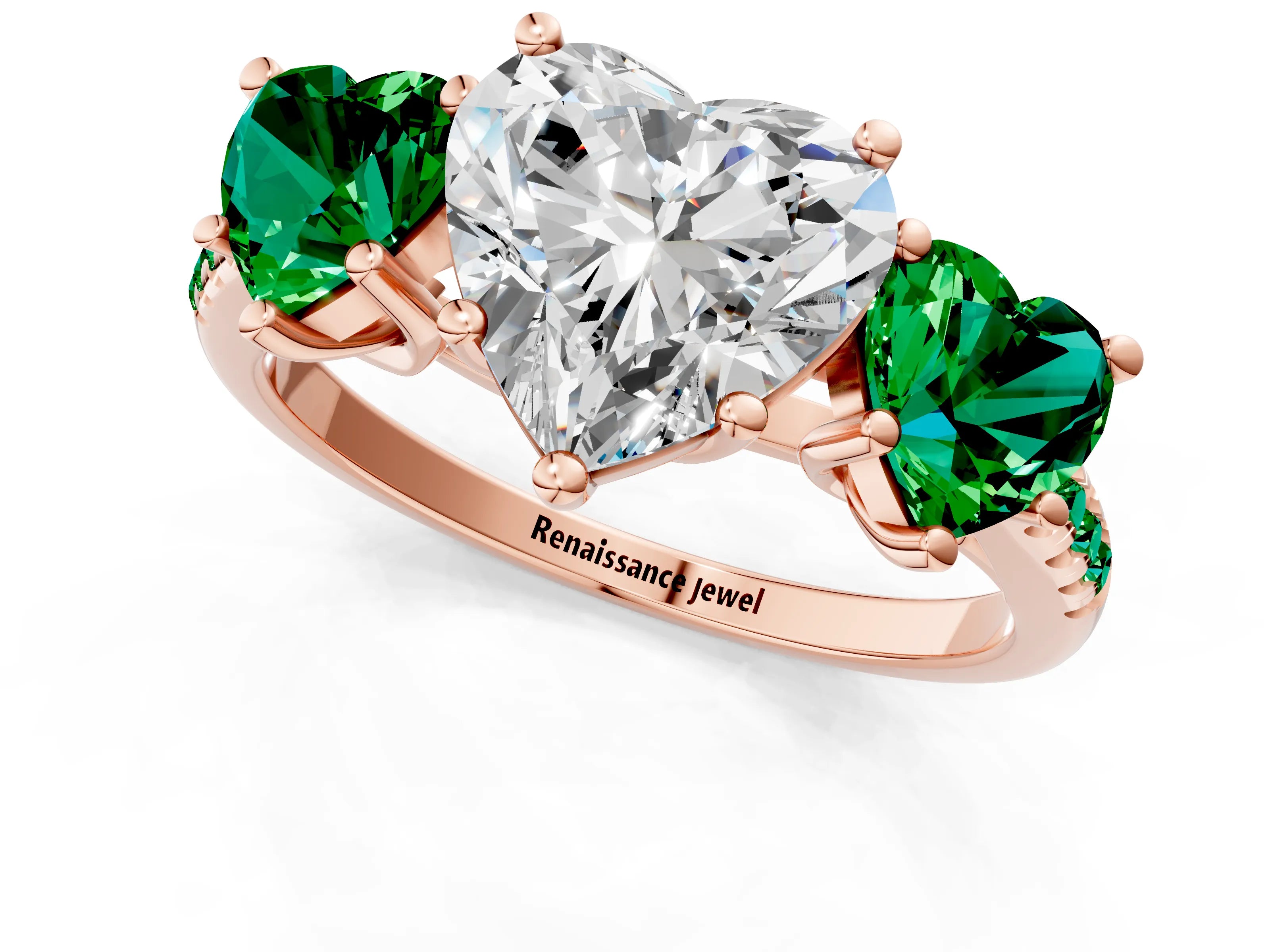 Rose gold Three-Stone Heart Cut Diamond Ring with Round with Emerald side stone Pavé Band and Prong Setting_1