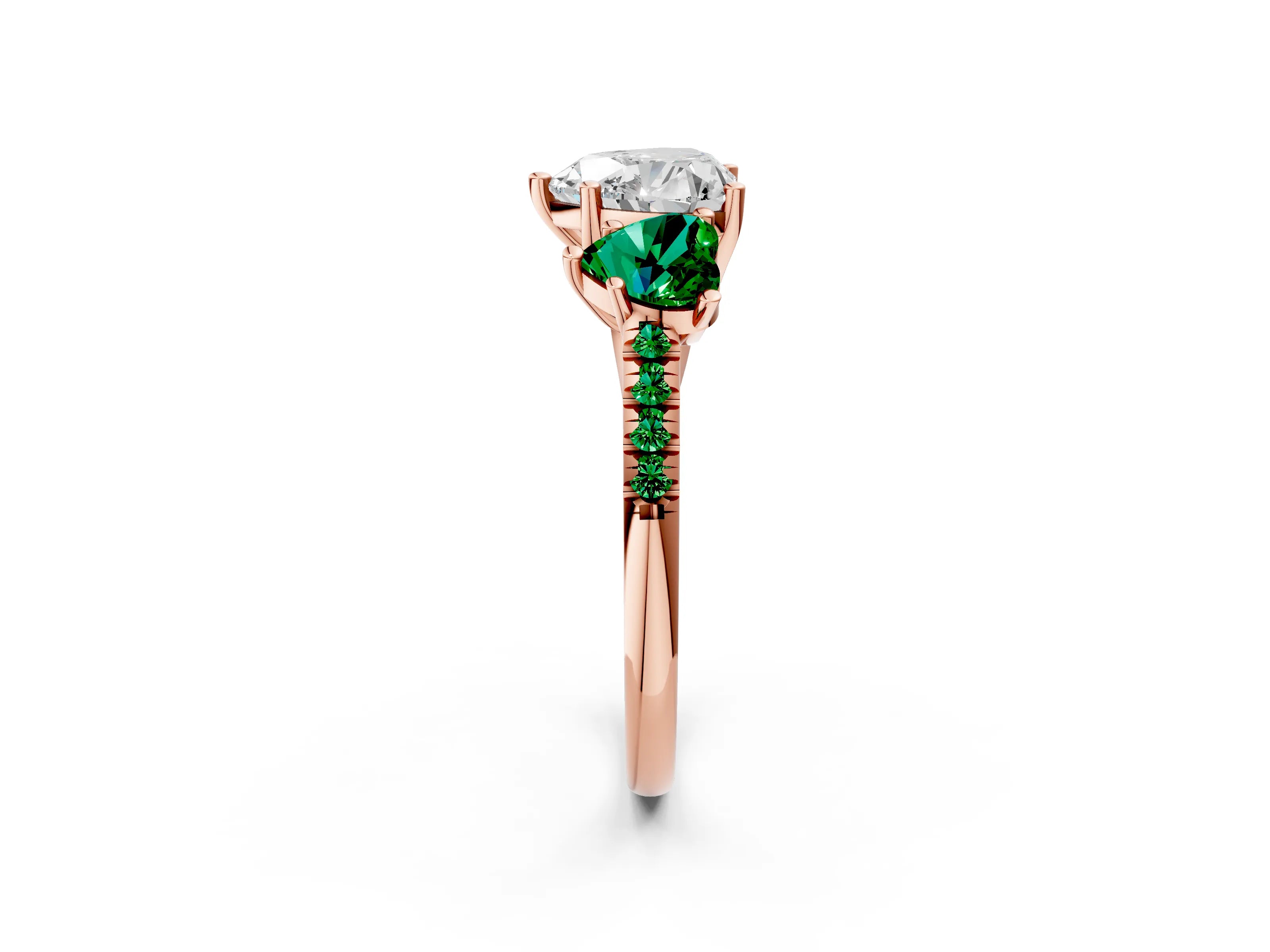 Rose gold Three-Stone Heart Cut Diamond Ring with Round with Emerald side stone Pavé Band and Prong Setting_2