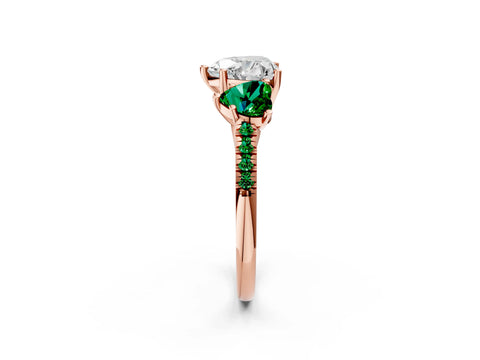Rose gold Three-Stone Heart Cut Diamond Ring with Round with Emerald side stone Pavé Band and Prong Setting_2