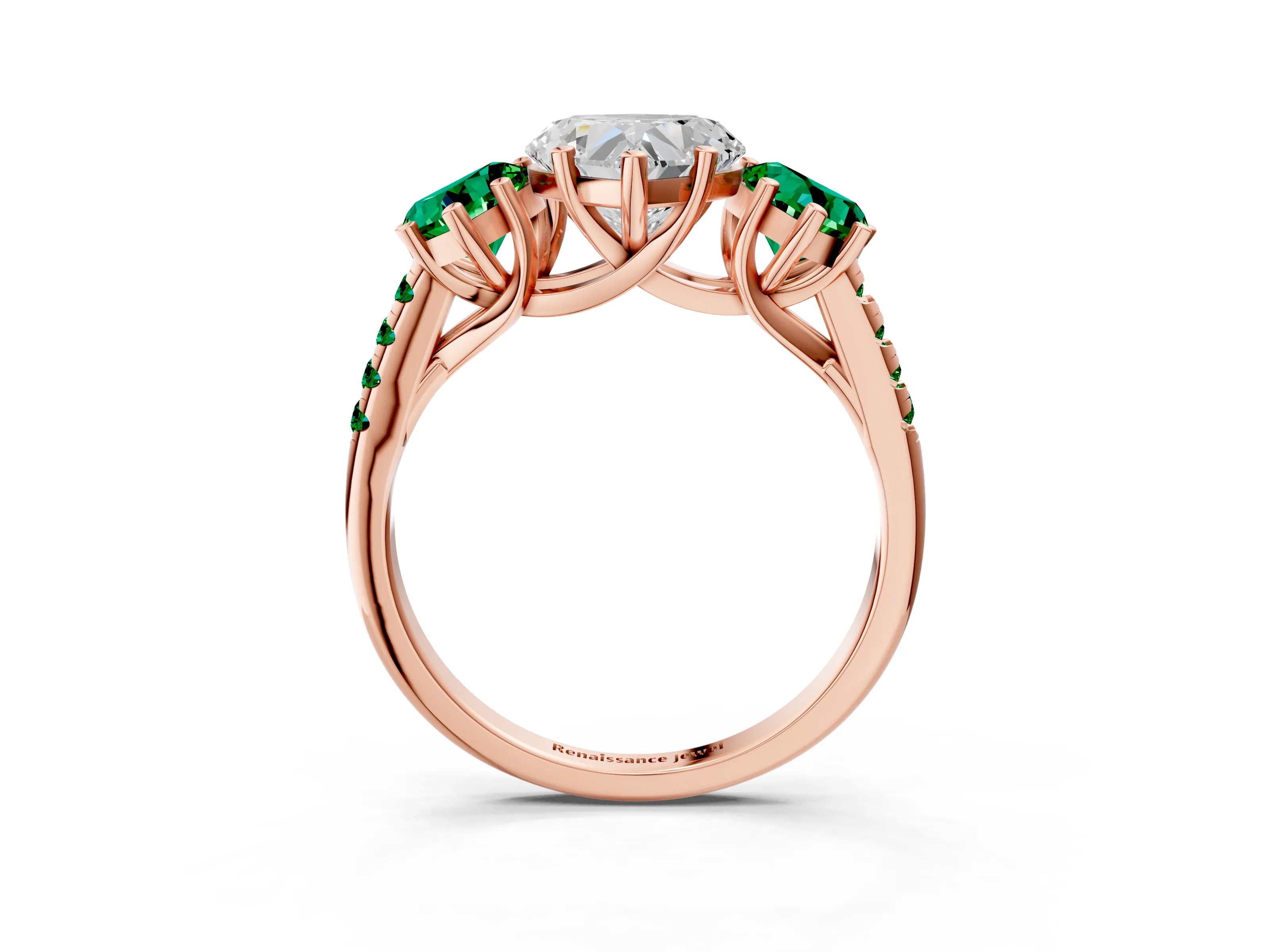Rose gold Three-Stone Heart Cut Diamond Ring with Round with Emerald side stone Pavé Band and Prong Setting_3