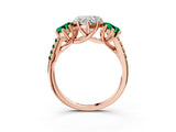 Rose gold Three-Stone Heart Cut Diamond Ring with Round with Emerald side stone Pavé Band and Prong Setting_3