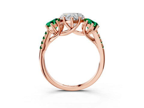 Rose gold Three-Stone Heart Cut Diamond Ring with Round with Emerald side stone Pavé Band and Prong Setting_3