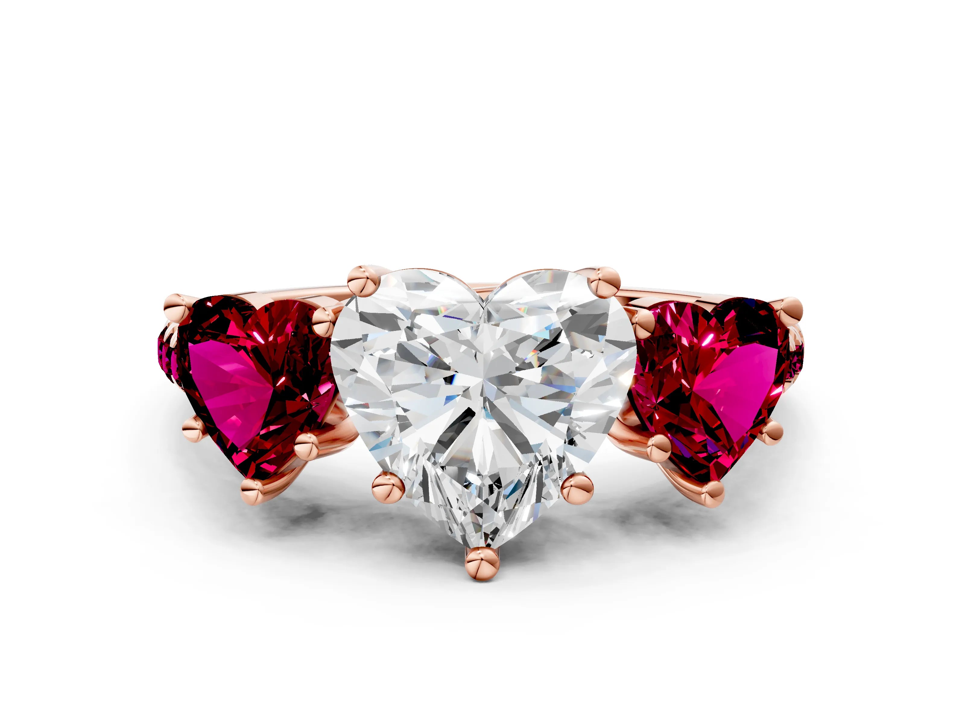 Rose gold Three-Stone Heart Cut Diamond Ring with Round with Garnet side stone Pavé Band and Prong Setting