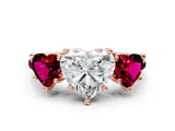 Rose gold Three-Stone Heart Cut Diamond Ring with Round with Garnet side stone Pavé Band and Prong Setting