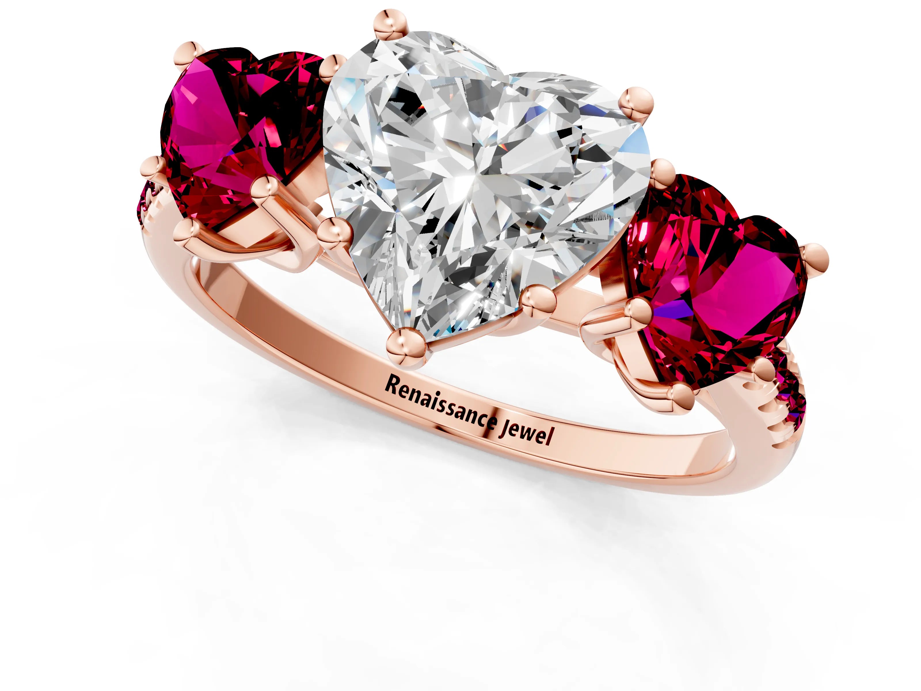 Rose gold Three-Stone Heart Cut Diamond Ring with Round with Garnet side stone Pavé Band and Prong Setting_1