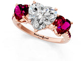 Rose gold Three-Stone Heart Cut Diamond Ring with Round with Garnet side stone Pavé Band and Prong Setting_1