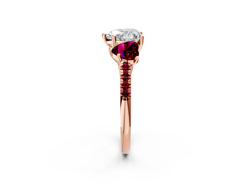Rose gold Three-Stone Heart Cut Diamond Ring with Round with Garnet side stone Pavé Band and Prong Setting_2