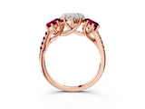 Rose gold Three-Stone Heart Cut Diamond Ring with Round with Garnet side stone Pavé Band and Prong Setting_3