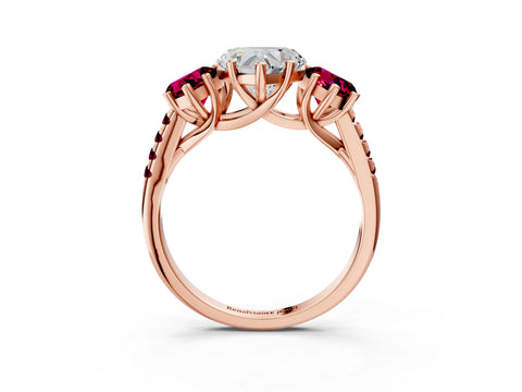 Rose gold Three-Stone Heart Cut Diamond Ring with Round with Garnet side stone Pavé Band and Prong Setting_3