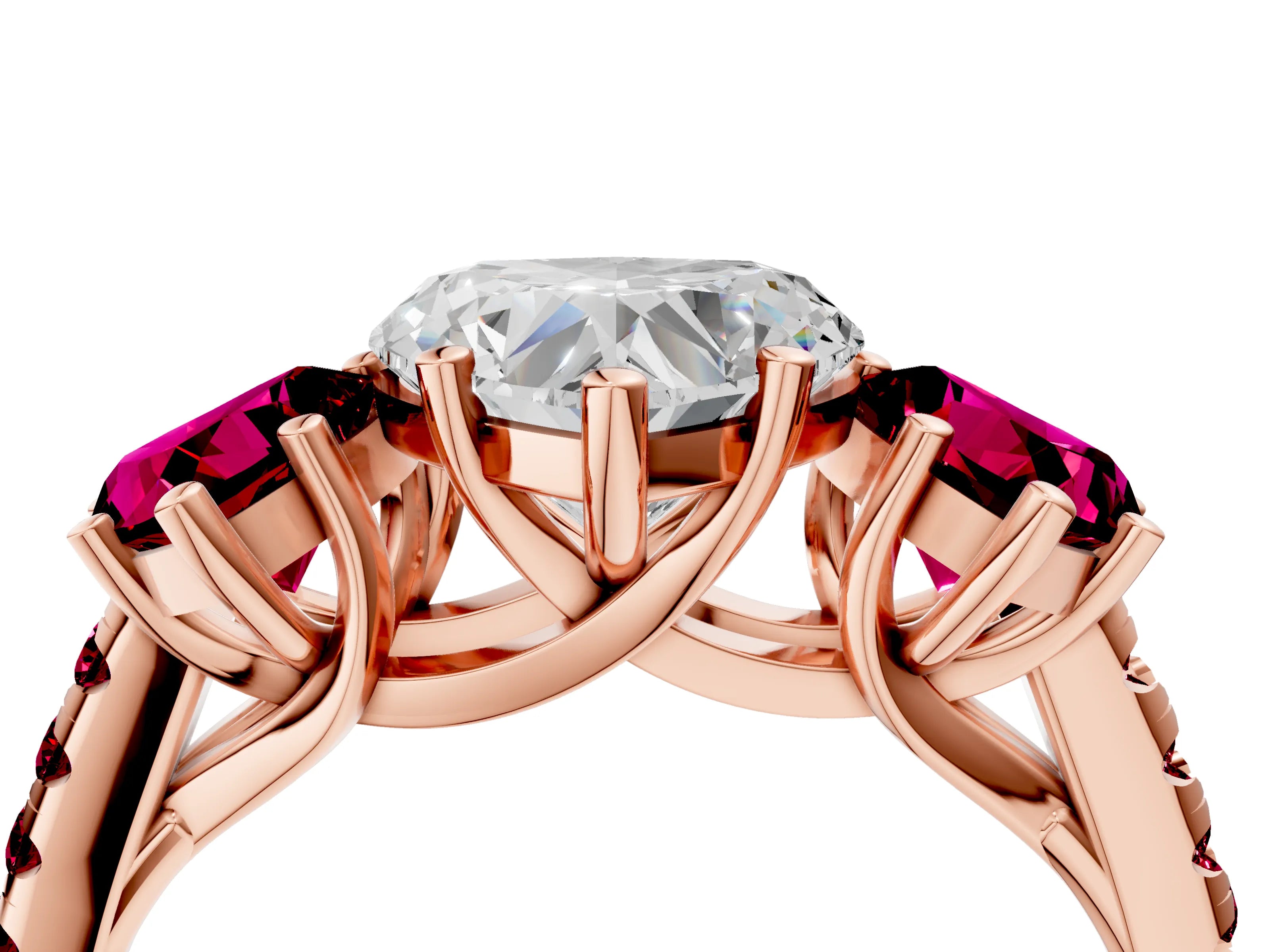 Rose gold Three-Stone Heart Cut Diamond Ring with Round with Garnet side stone Pavé Band and Prong Setting_4