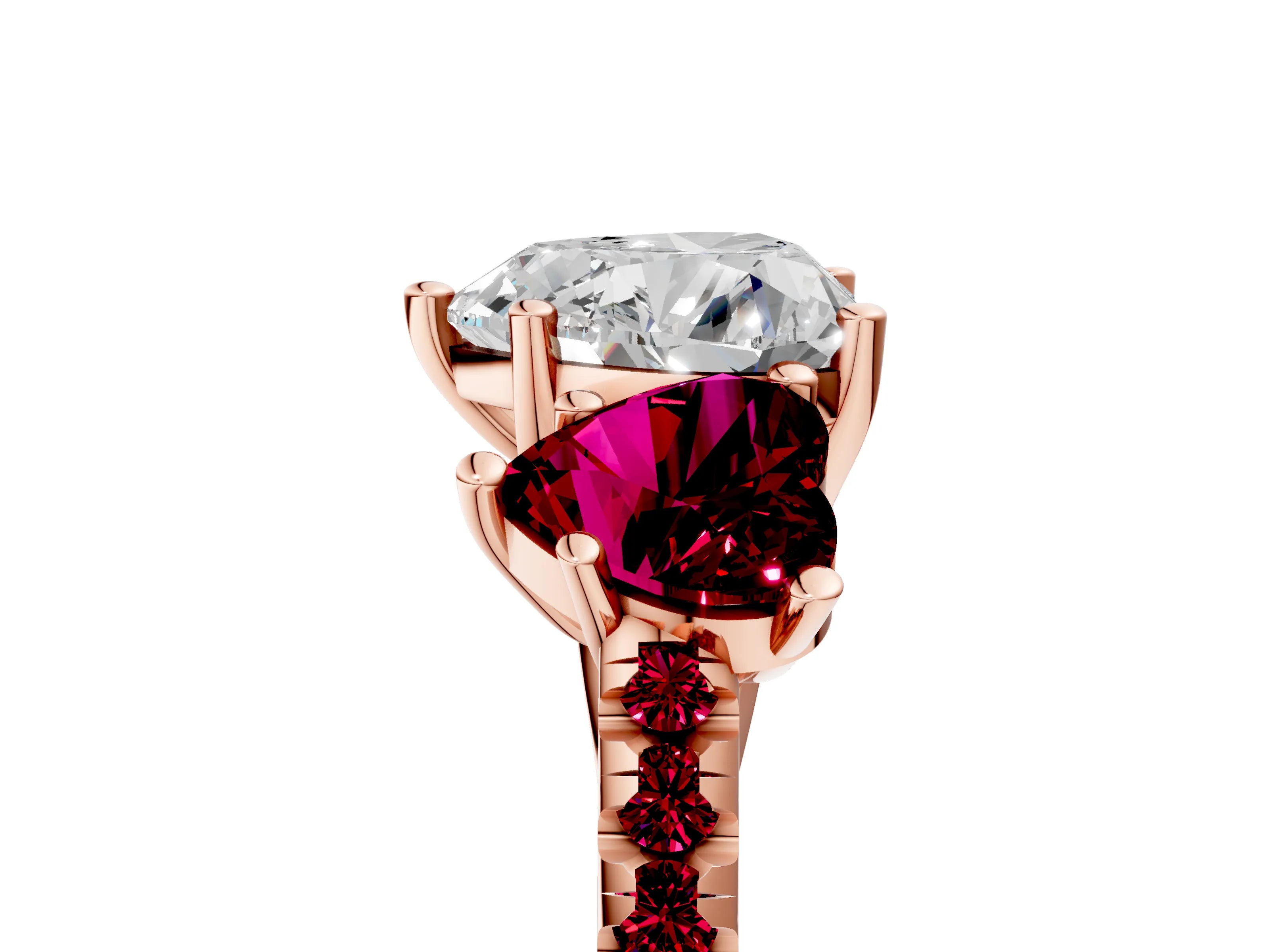 Rose gold Three-Stone Heart Cut Diamond Ring with Round with Garnet side stone Pavé Band and Prong Setting_5