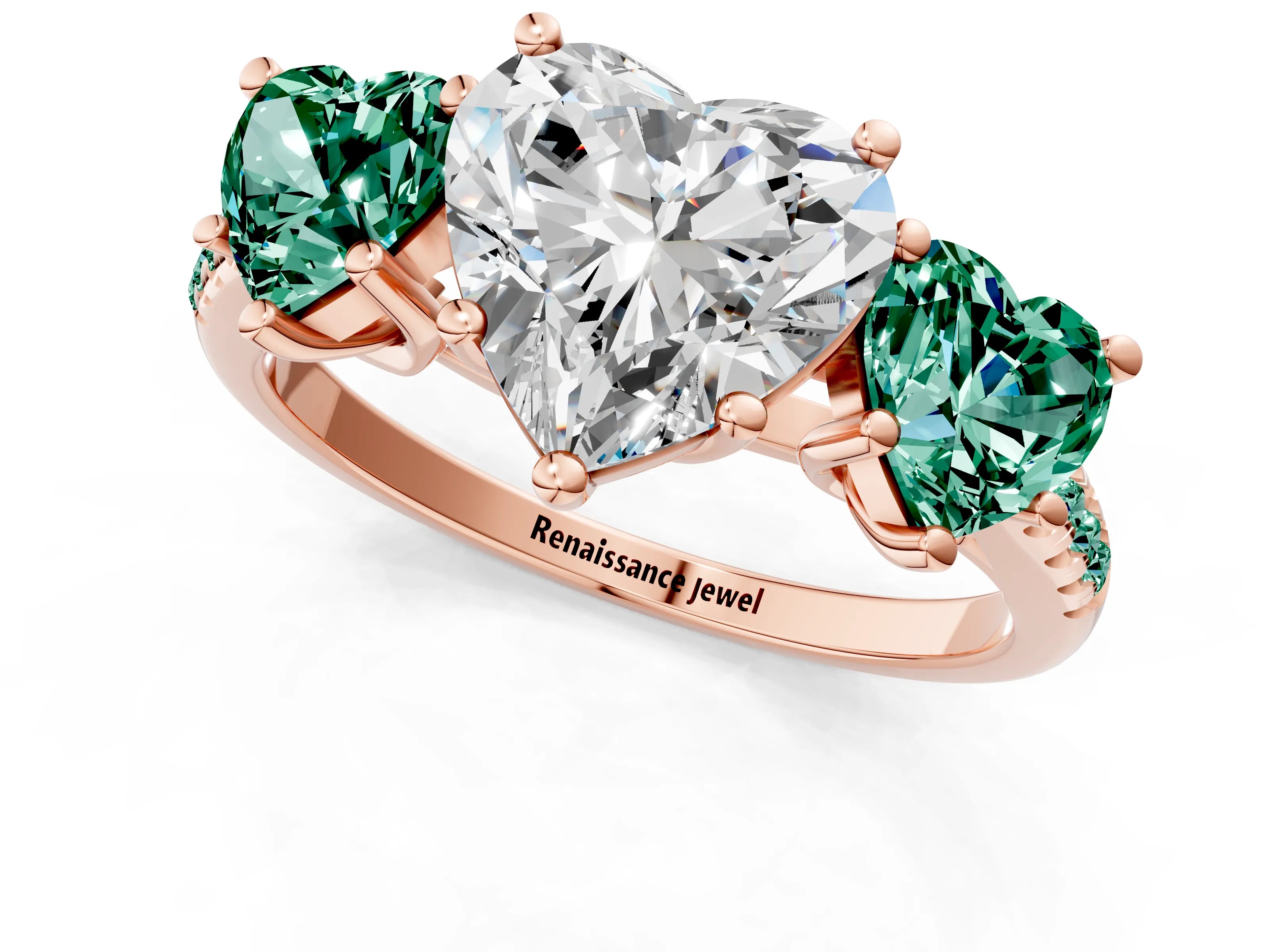 Rose gold Three-Stone Heart Cut Diamond Ring with Round with Green Sapphire side stone Pavé Band and Prong Setting_1