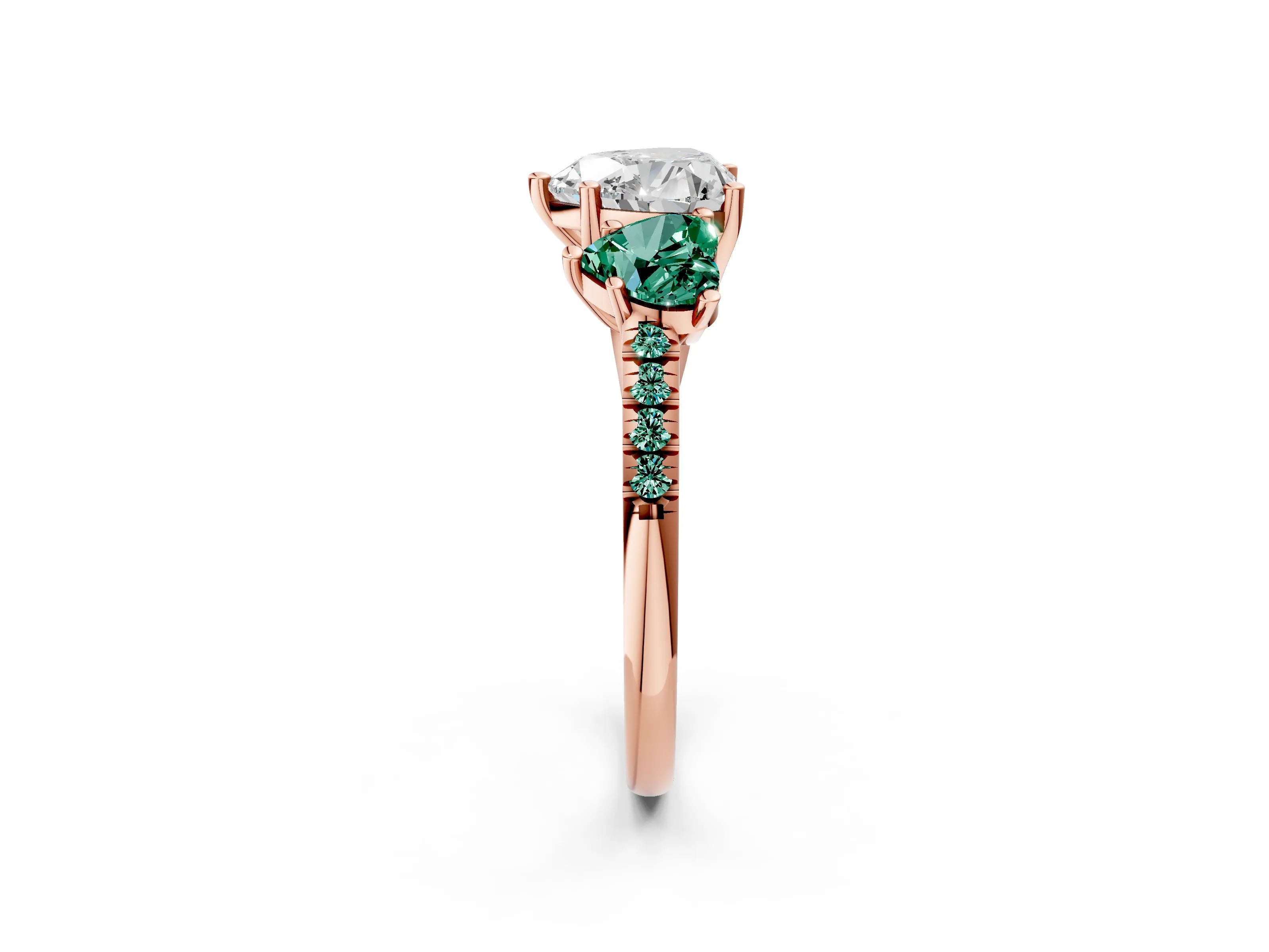 Rose gold Three-Stone Heart Cut Diamond Ring with Round with Green Sapphire side stone Pavé Band and Prong Setting_2