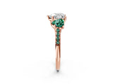 Rose gold Three-Stone Heart Cut Diamond Ring with Round with Green Sapphire side stone Pavé Band and Prong Setting_2