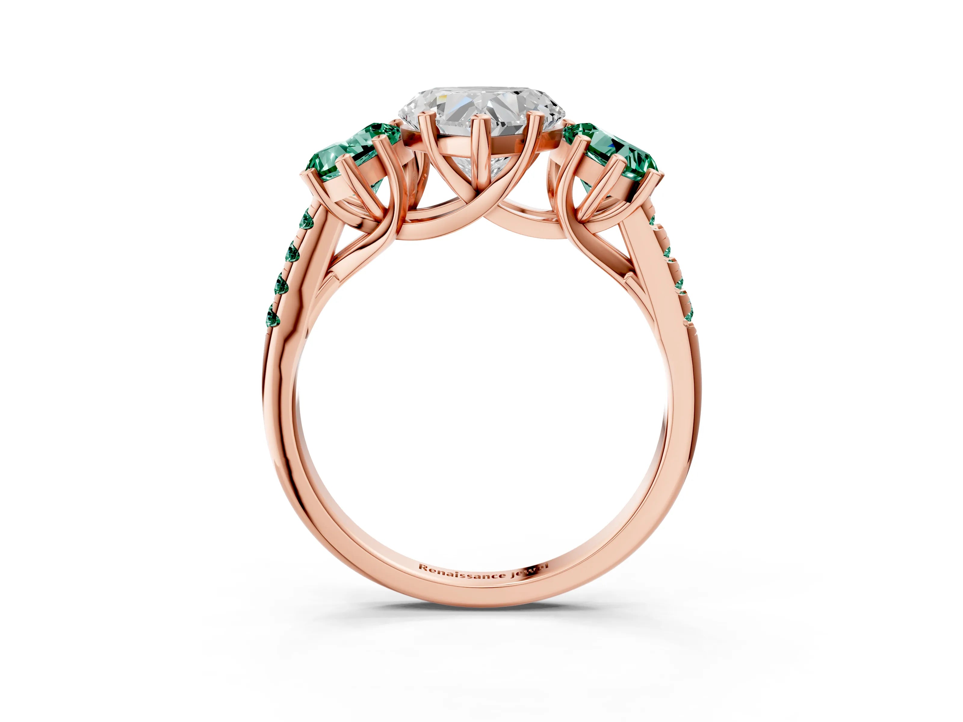 Rose gold Three-Stone Heart Cut Diamond Ring with Round with Green Sapphire side stone Pavé Band and Prong Setting_3