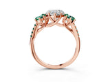 Rose gold Three-Stone Heart Cut Diamond Ring with Round with Green Sapphire side stone Pavé Band and Prong Setting_3