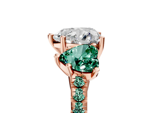 Rose gold Three-Stone Heart Cut Diamond Ring with Round with Green Sapphire side stone Pavé Band and Prong Setting_5