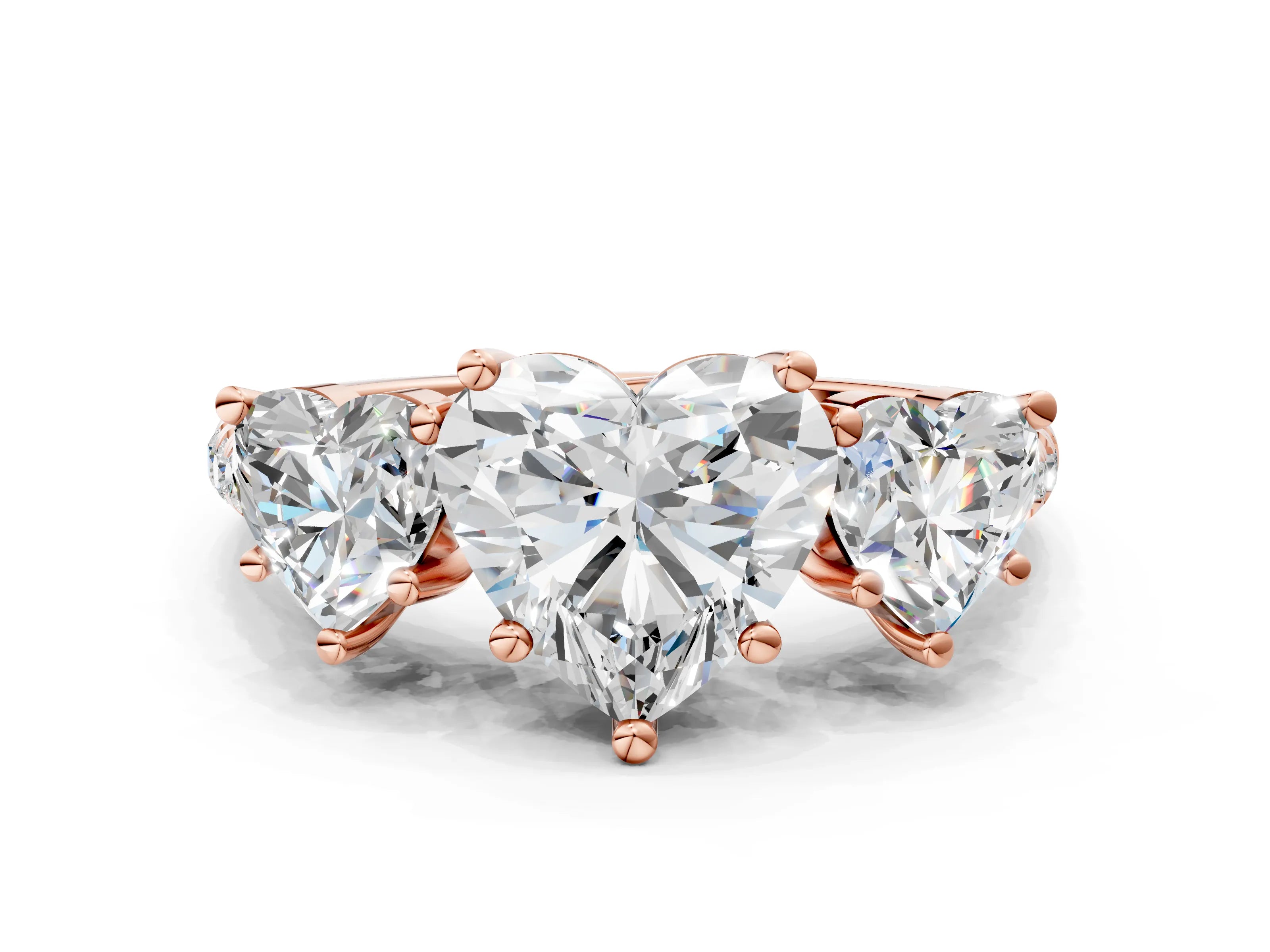 Rose gold Three-Stone Heart Cut Diamond Ring with Round with Moissanite side stone Pavé Band and Prong Setting