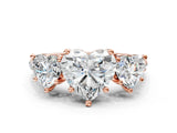 Rose gold Three-Stone Heart Cut Diamond Ring with Round with Moissanite side stone Pavé Band and Prong Setting