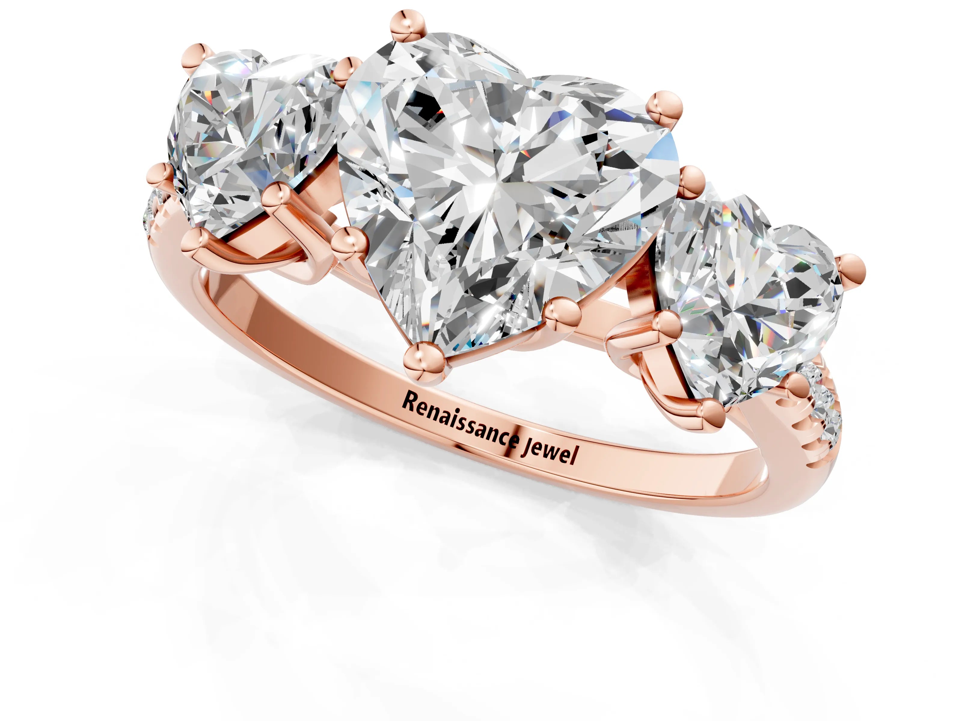 Rose gold Three-Stone Heart Cut Diamond Ring with Round with Moissanite side stone Pavé Band and Prong Setting_1