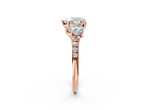 Rose gold Three-Stone Heart Cut Diamond Ring with Round with Moissanite side stone Pavé Band and Prong Setting_2