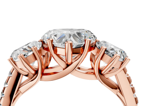 Rose gold Three-Stone Heart Cut Diamond Ring with Round with Moissanite side stone Pavé Band and Prong Setting_4