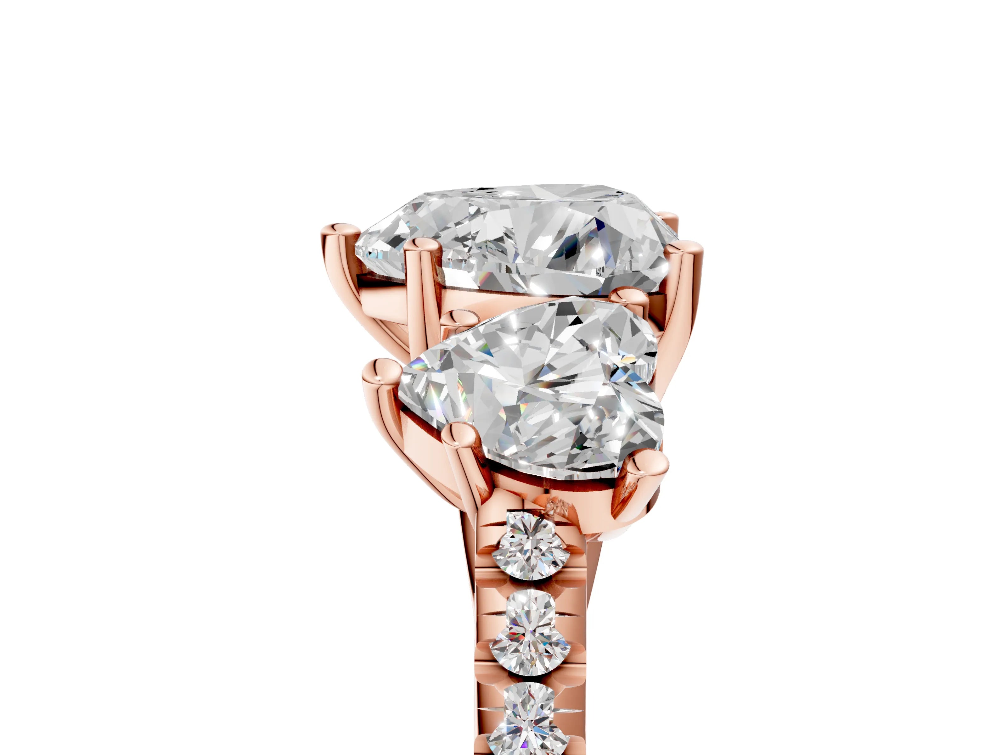 Rose gold Three-Stone Heart Cut Diamond Ring with Round with Moissanite side stone Pavé Band and Prong Setting_5