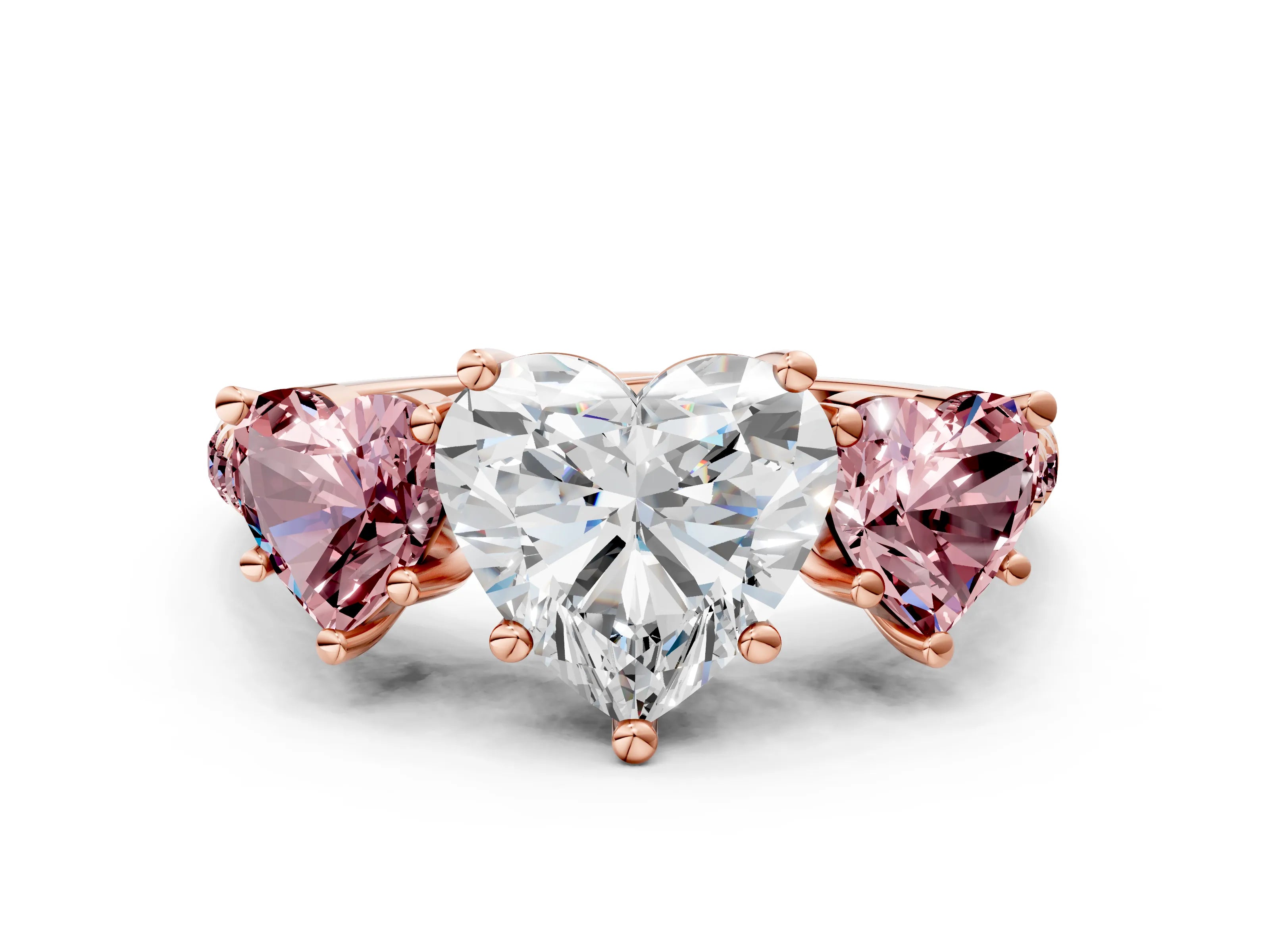 Rose gold Three-Stone Heart Cut Diamond Ring with Round with Morganite side stone Pavé Band and Prong Setting