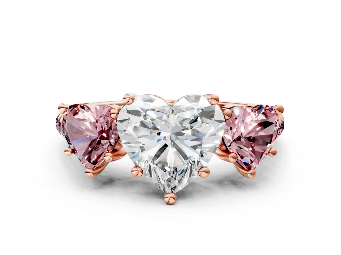 Rose gold Three-Stone Heart Cut Diamond Ring with Round with Morganite side stone Pavé Band and Prong Setting