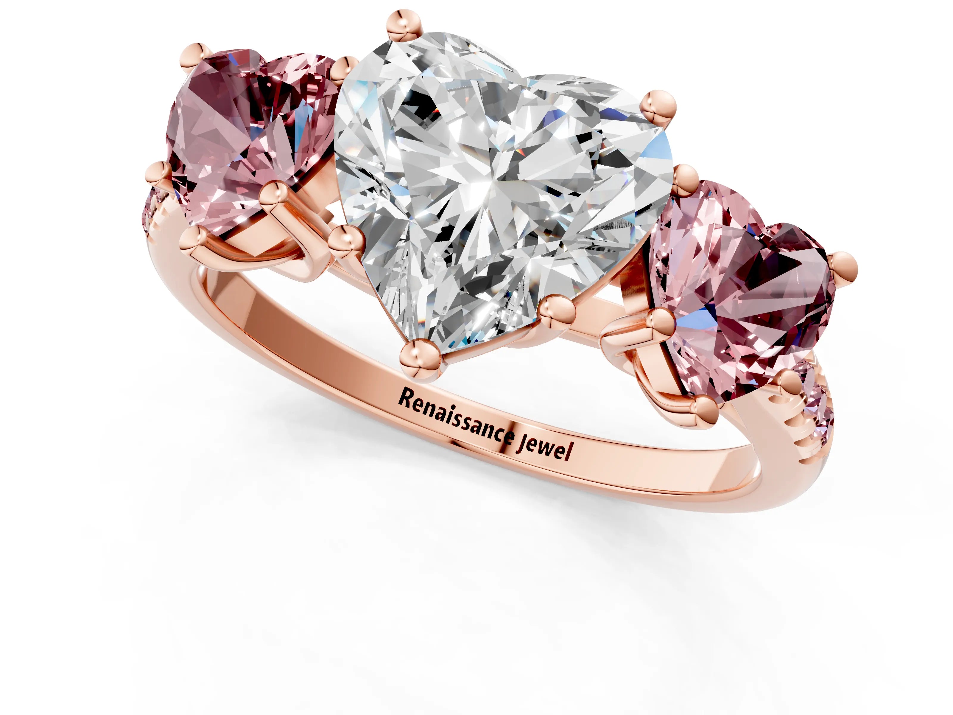 Rose gold Three-Stone Heart Cut Diamond Ring with Round with Morganite side stone Pavé Band and Prong Setting_1