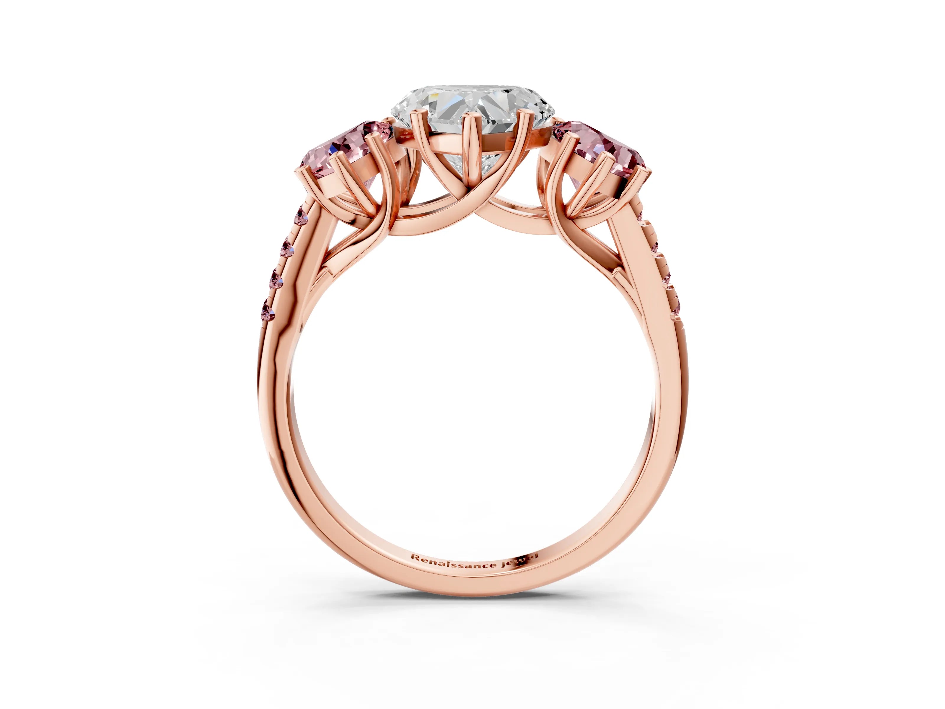 Rose gold Three-Stone Heart Cut Diamond Ring with Round with Morganite side stone Pavé Band and Prong Setting_3