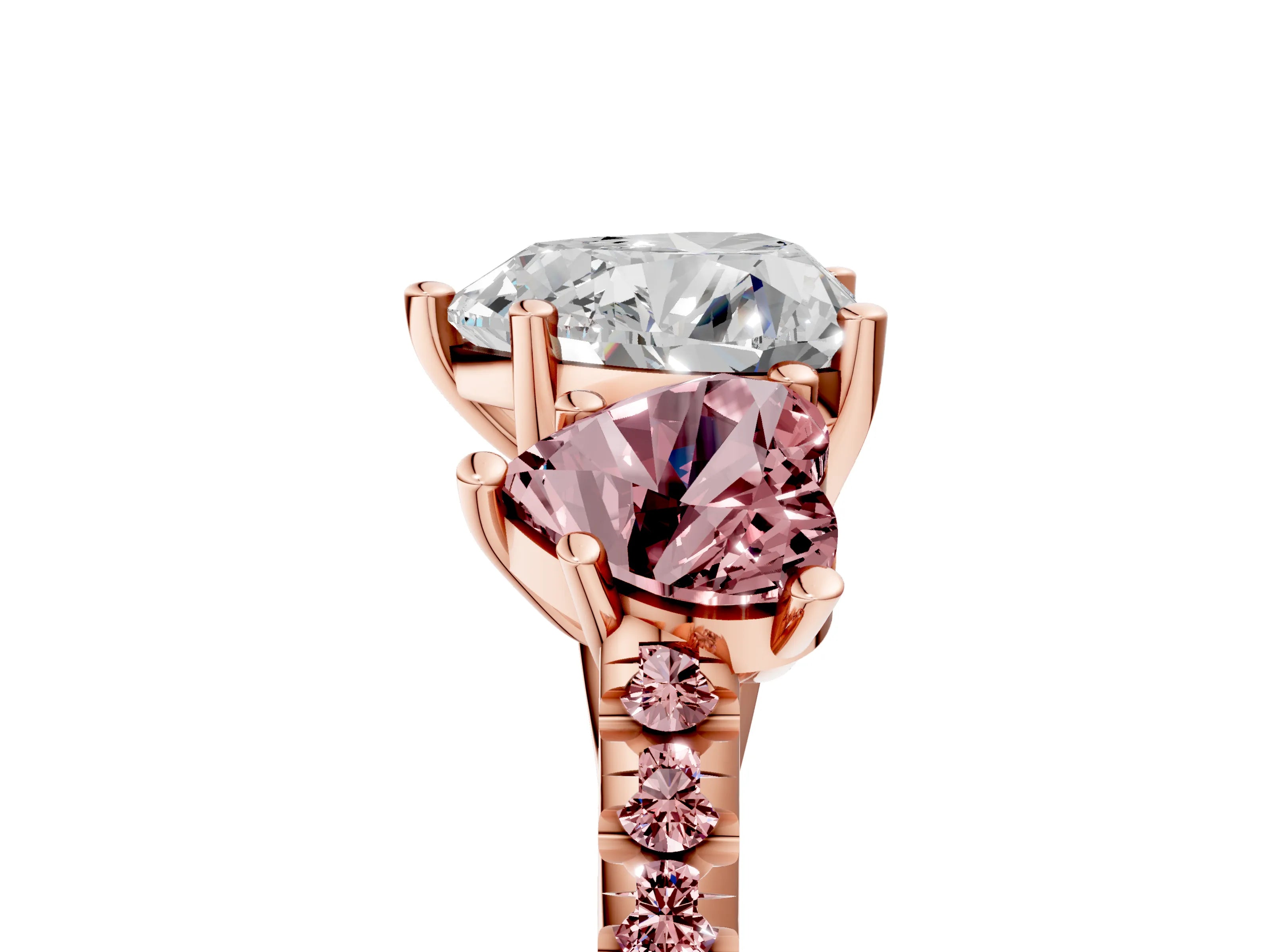 Rose gold Three-Stone Heart Cut Diamond Ring with Round with Morganite side stone Pavé Band and Prong Setting_5