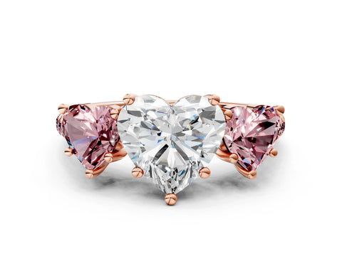 Rose gold Three-Stone Heart Cut Diamond Ring with Round with Morganite side stone Pavé Band and Prong Setting