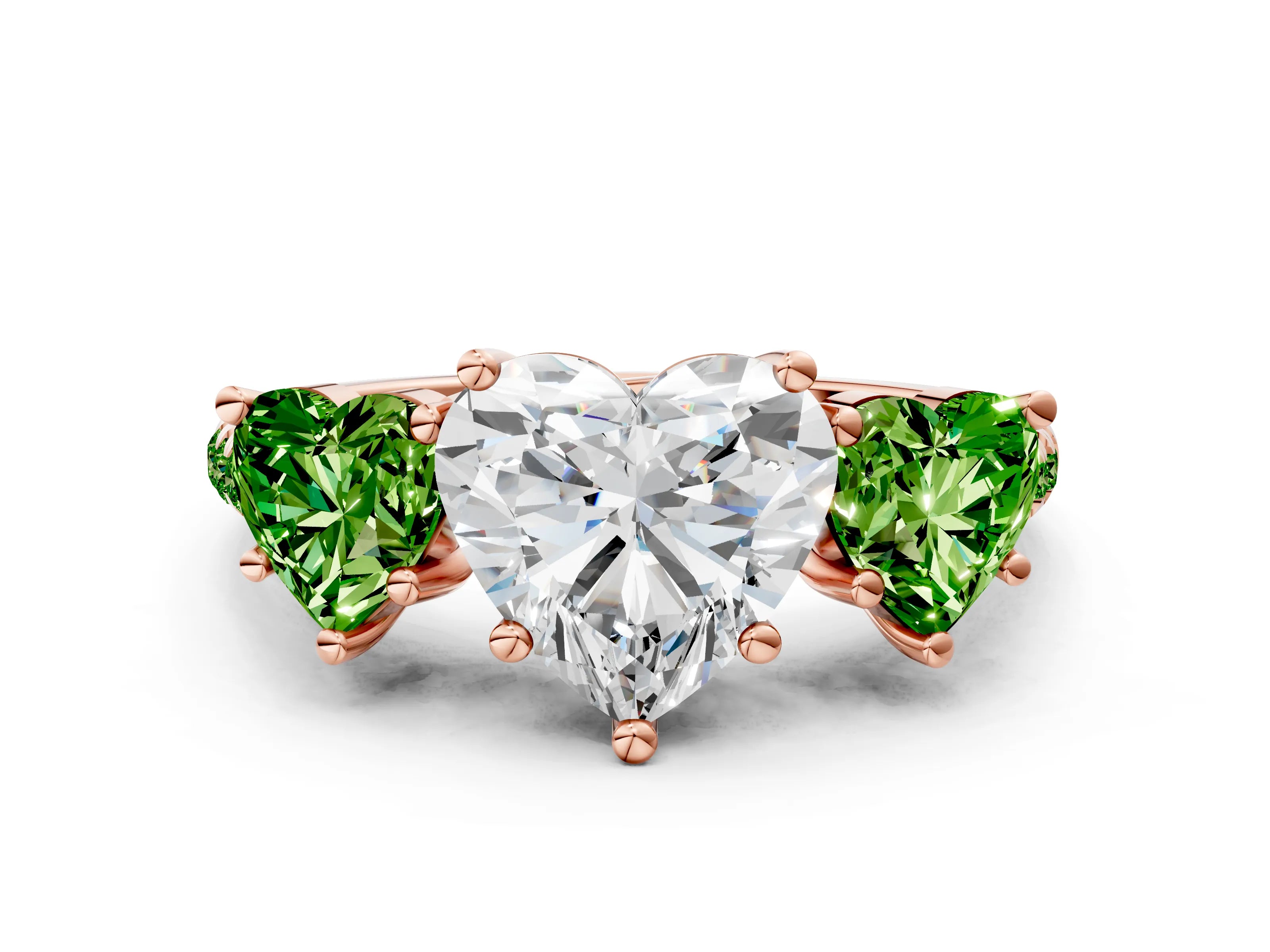 Rose gold Three-Stone Heart Cut Diamond Ring with Round with Peridot side stone Pavé Band and Prong Setting