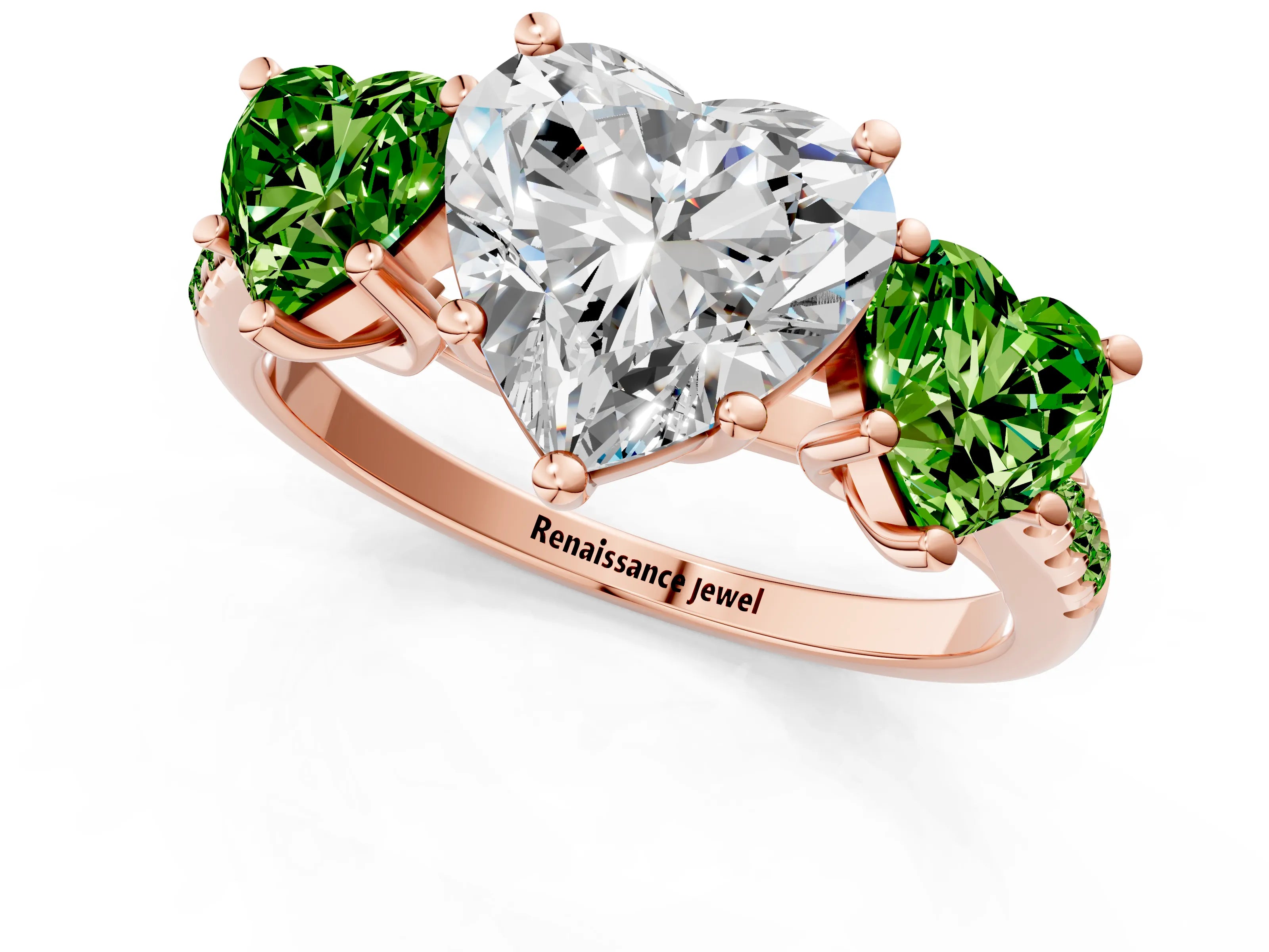 Rose gold Three-Stone Heart Cut Diamond Ring with Round with Peridot side stone Pavé Band and Prong Setting_1