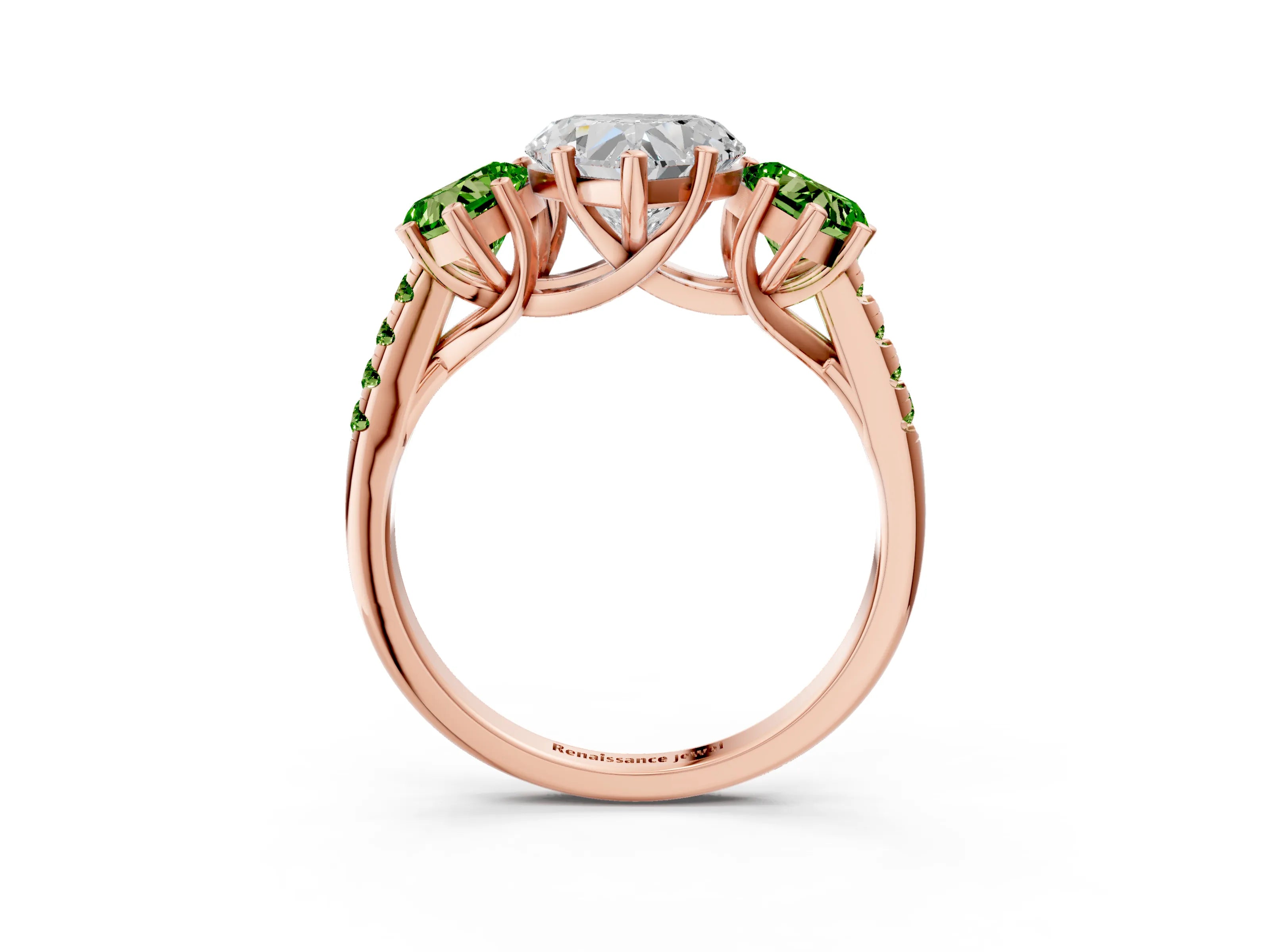 Rose gold Three-Stone Heart Cut Diamond Ring with Round with Peridot side stone Pavé Band and Prong Setting_3