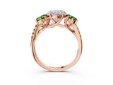 Rose gold Three-Stone Heart Cut Diamond Ring with Round with Peridot side stone Pavé Band and Prong Setting_3