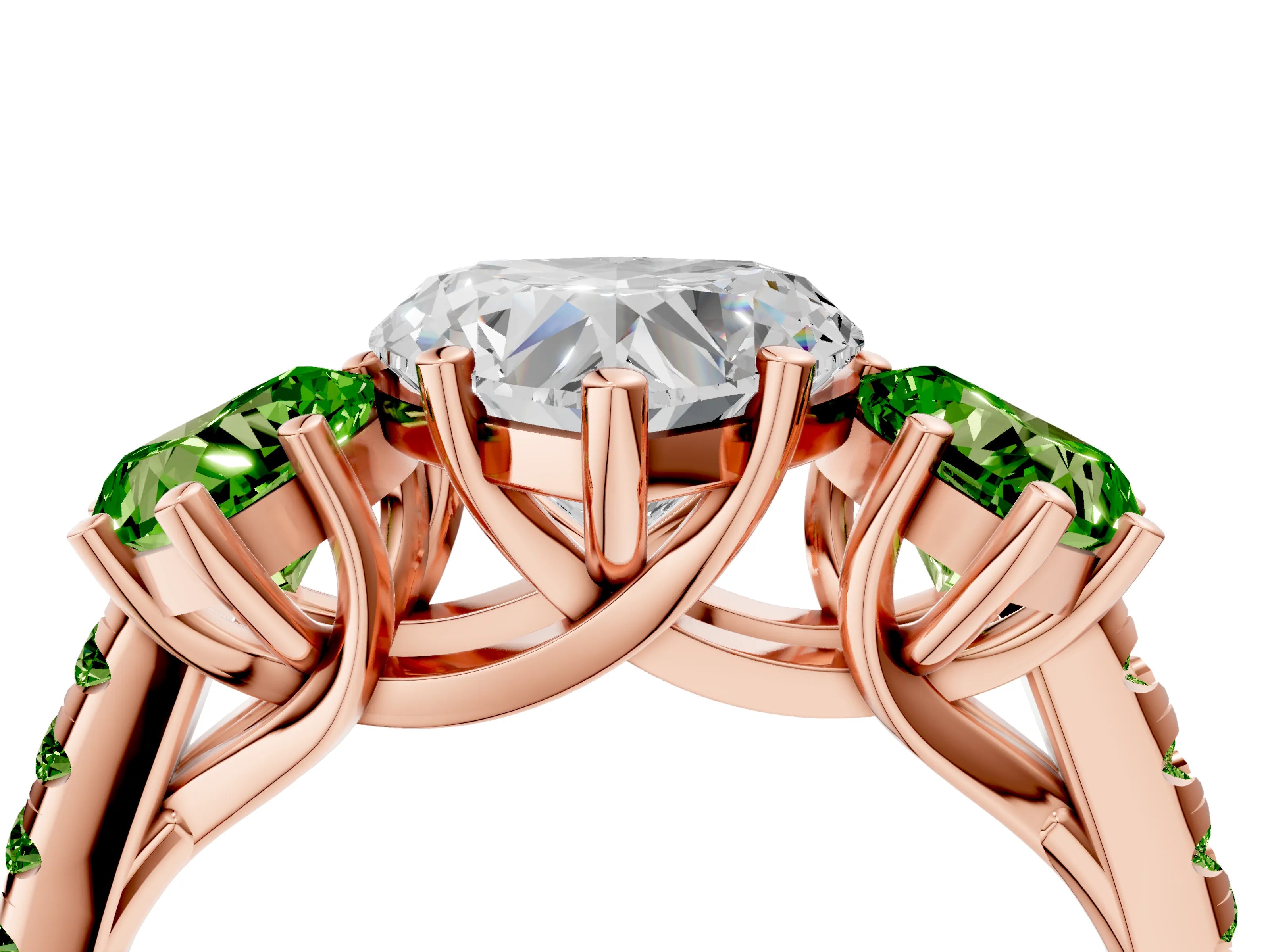 Rose gold Three-Stone Heart Cut Diamond Ring with Round with Peridot side stone Pavé Band and Prong Setting_4