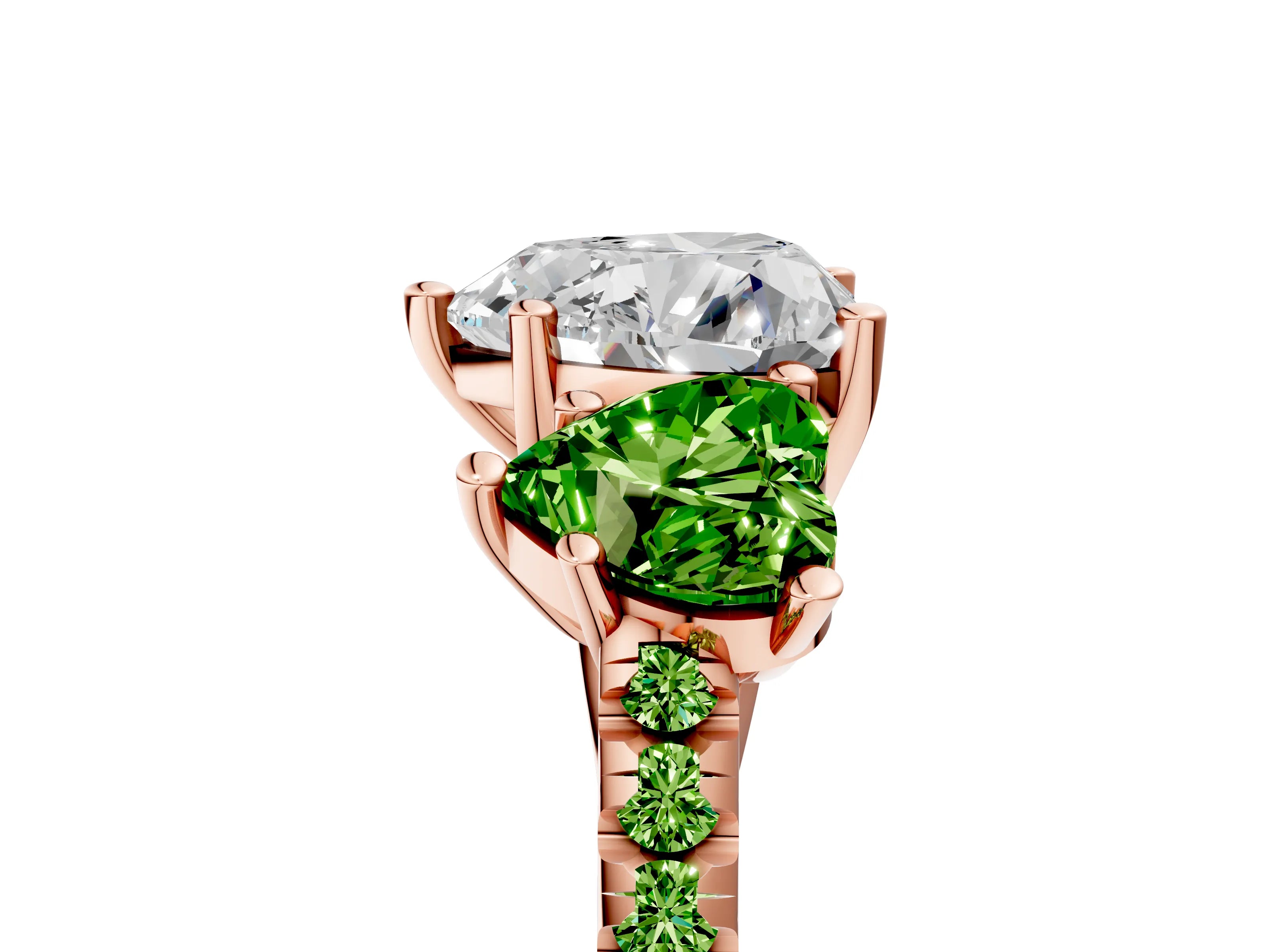 Rose gold Three-Stone Heart Cut Diamond Ring with Round with Peridot side stone Pavé Band and Prong Setting_5