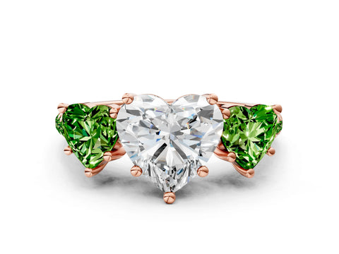 Rose gold Three-Stone Heart Cut Diamond Ring with Round with Peridot side stone Pavé Band and Prong Setting