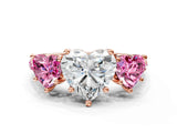 Rose gold Three-Stone Heart Cut Diamond Ring with Round with Pink Sapphire side stone Pavé Band and Prong Setting
