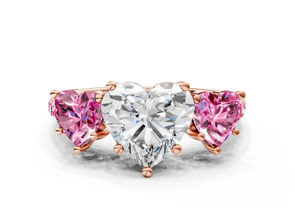 Rose Gold Heart-Shaped Three Stone Engagement Ring Setting with Lab-Grown Pink Sapphire Side Stones