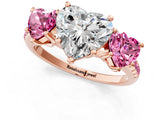 Rose gold Three-Stone Heart Cut Diamond Ring with Round with Pink Sapphire side stone Pavé Band and Prong Setting_1