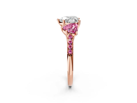 Rose gold Three-Stone Heart Cut Diamond Ring with Round with Pink Sapphire side stone Pavé Band and Prong Setting_2