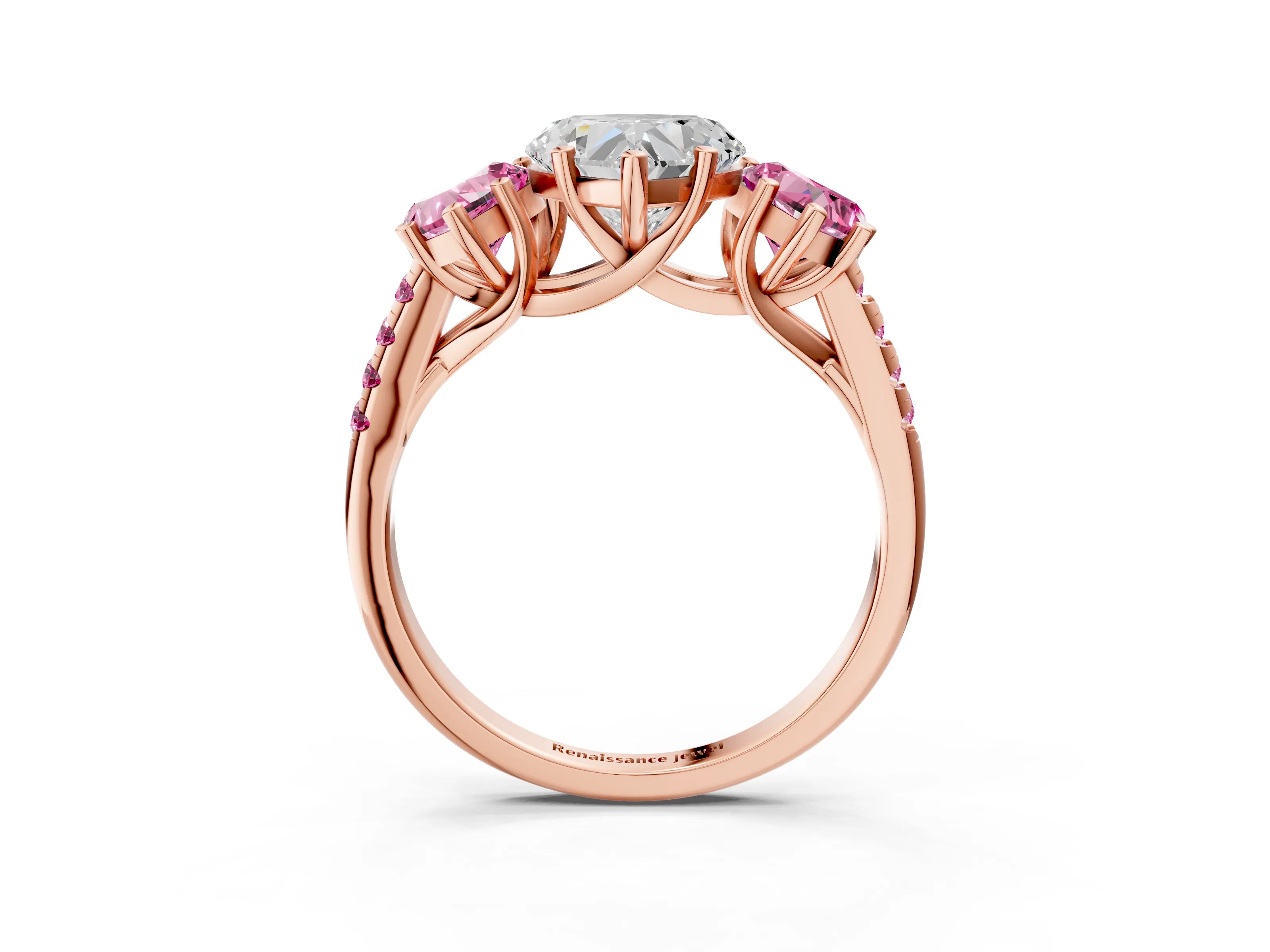 Rose gold Three-Stone Heart Cut Diamond Ring with Round with Pink Sapphire side stone Pavé Band and Prong Setting_3