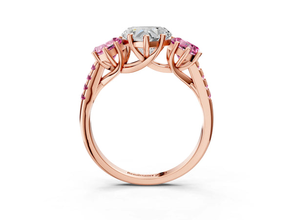 Rose Gold Heart-Shaped Three Stone Engagement Ring Setting with Lab-Grown Pink Sapphire Side Stones