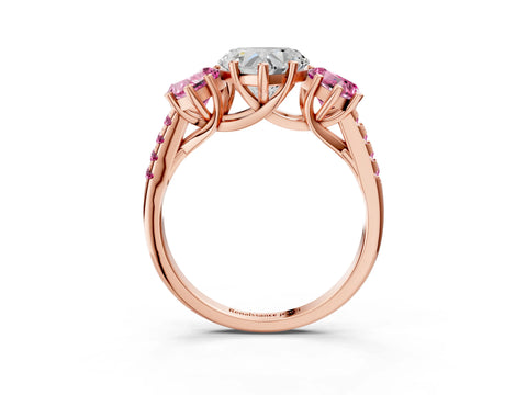 Rose gold Three-Stone Heart Cut Diamond Ring with Round with Pink Sapphire side stone Pavé Band and Prong Setting_3